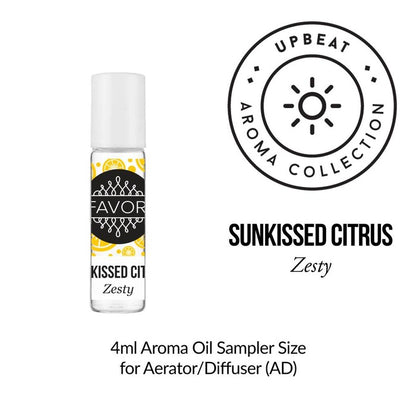 A 4ml FAVORI Scents Aroma Oil Sampler “Sunkissed Citrus Zesty” with citrus graphics and product details beside it.