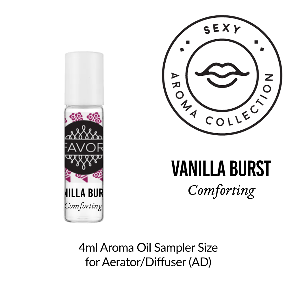 A 4ml Aroma Oil Sampler (AOS) by FAVORI Scents with a black and white Sexy Aroma Collection logo above text.