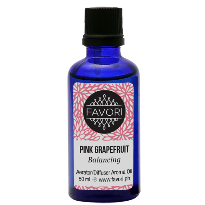 A bottle of FAVORI Scents Pink Grapefruit Aerator/Diffuser (AD) Aroma Oil, with a capacity of 50 ml.