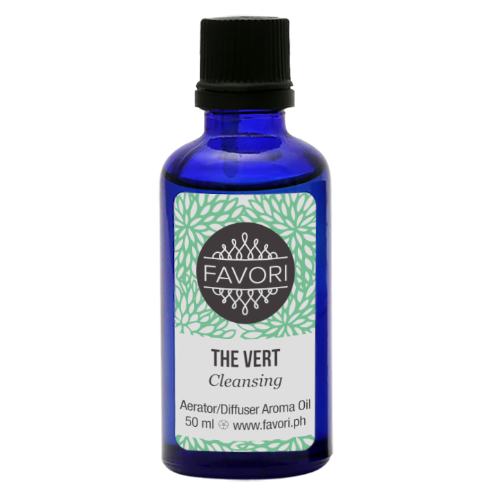 A blue bottle of FAVORI Scents' The Vert Aerator/Diffuser (AD) Aroma Oil, 50 ml.