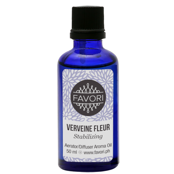 Blue glass bottle of FAVORI Scents Verveine Fleur Aerator/Diffuser (AD) Aroma Oil, 50 ml.