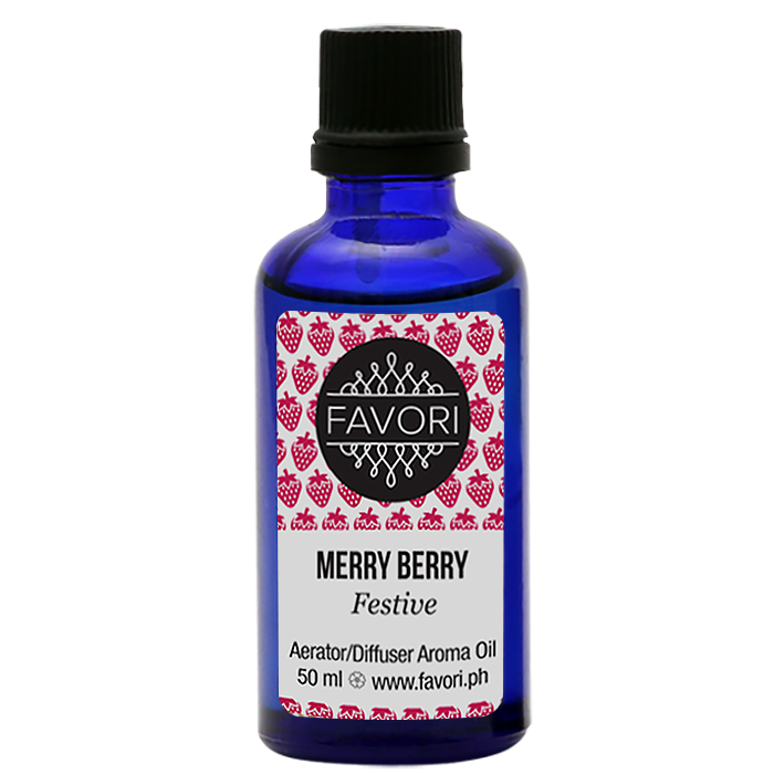 A bottle of FAVORI Scents "Merry Berry Aerator/Diffuser (AD) Aroma Oil" for aerator/diffuser, 50 ml.