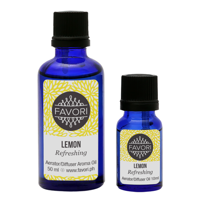 Two bottles of FAVORI Scents Lemon AD Aroma Oil in different sizes.