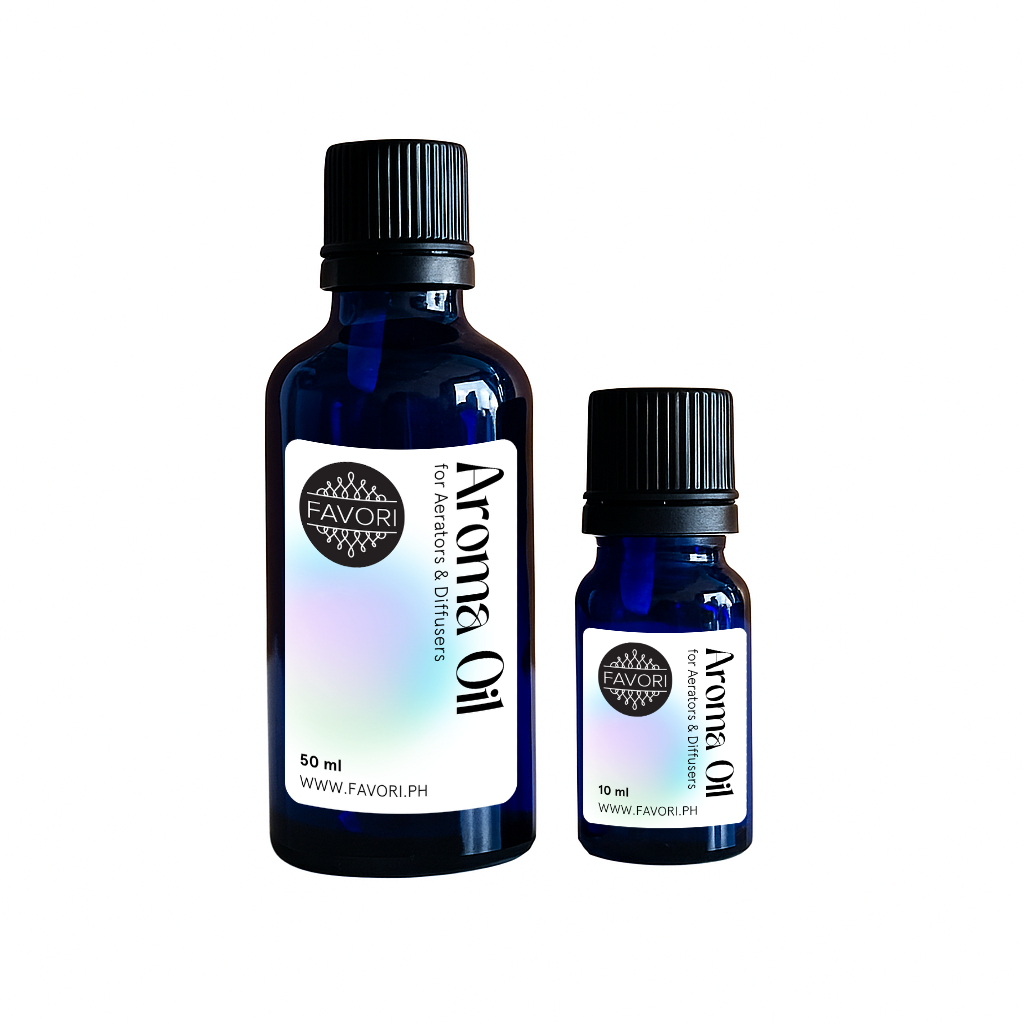 Two FAVORI Scents Aerator/Diffuser Aroma Oils—50ml & 10ml—ideal for airconditioned room diffusers.