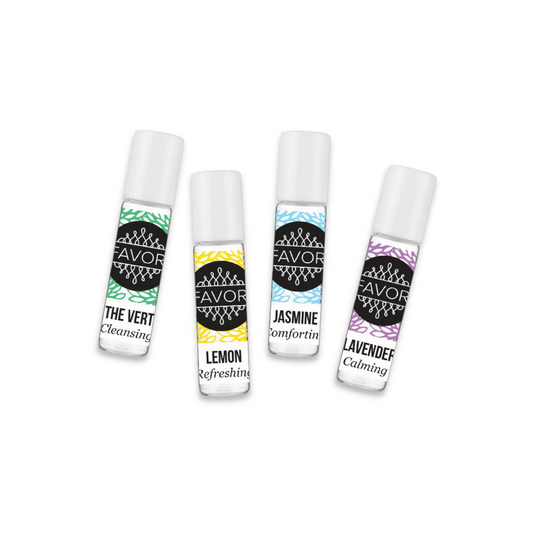 FAVORI Scents 4ml Aroma Oil Samplers (AOS): The Vert, Lemon, Jasmine & Lavender essential oil blends.