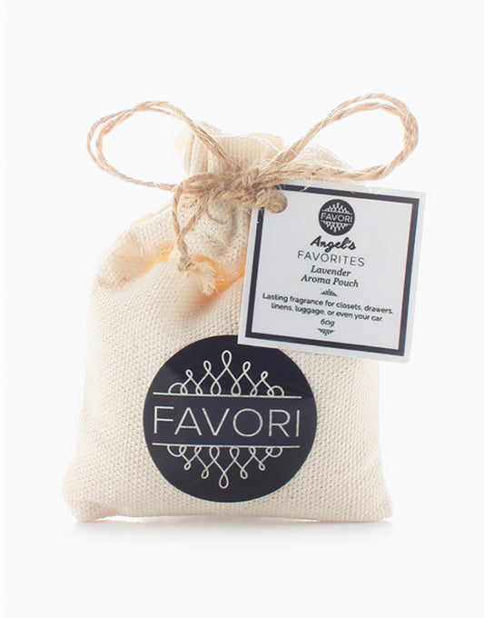 A sachet of FAVORI Lavender Aroma Pouch (AP) with a label, isolated on a white background.