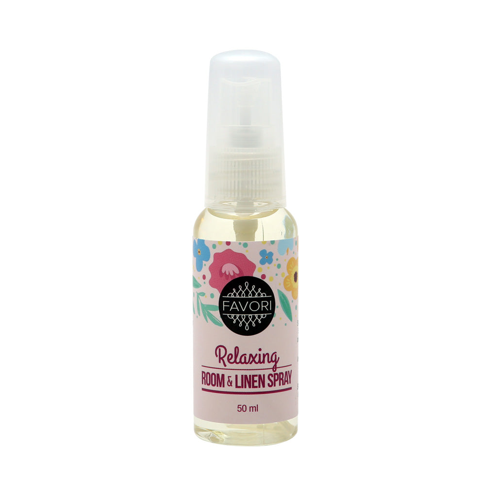 50 ml bottle of FAVORI Scents Relaxing Room & Linen Air Spray (AS), with a floral design and oil infusion.
