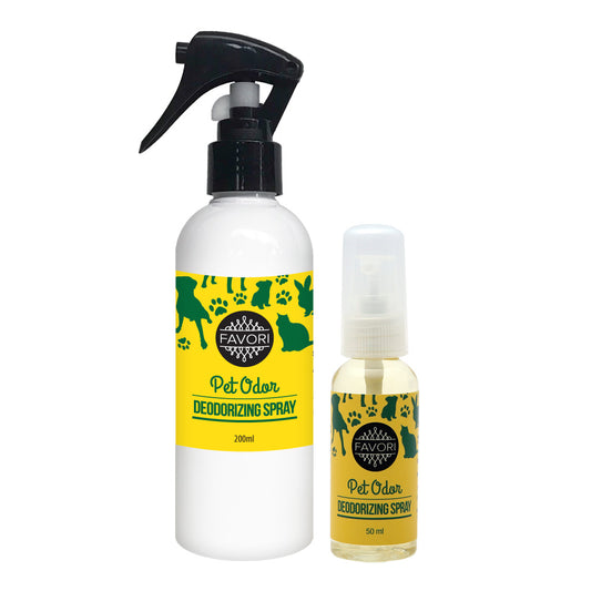 Two bottles of FAVORI Scents Pet Odor Deodorizing Air Spray in different sizes, with a favori oil fragrance.