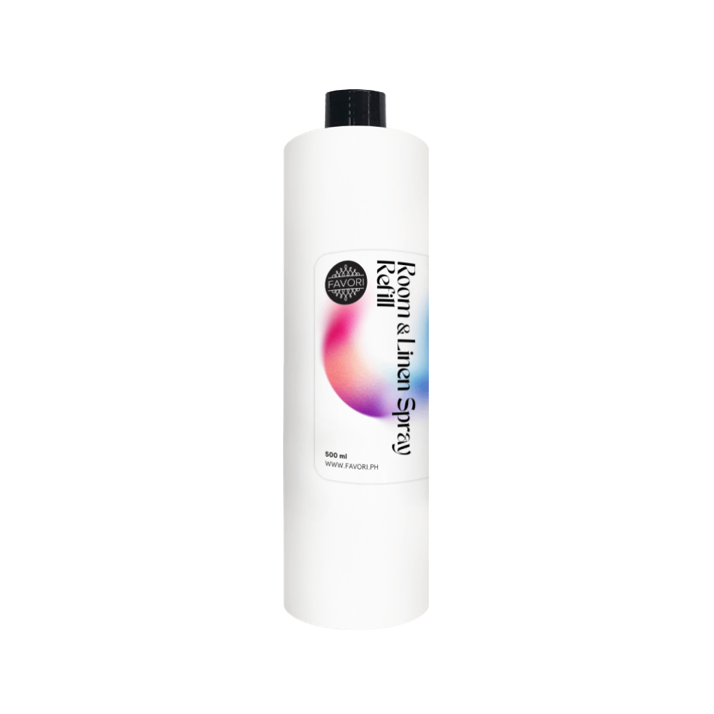 A tall white 500ml FAVORI Scents Room & Linen Air Spray Refill with black cap and colorful gradient label.