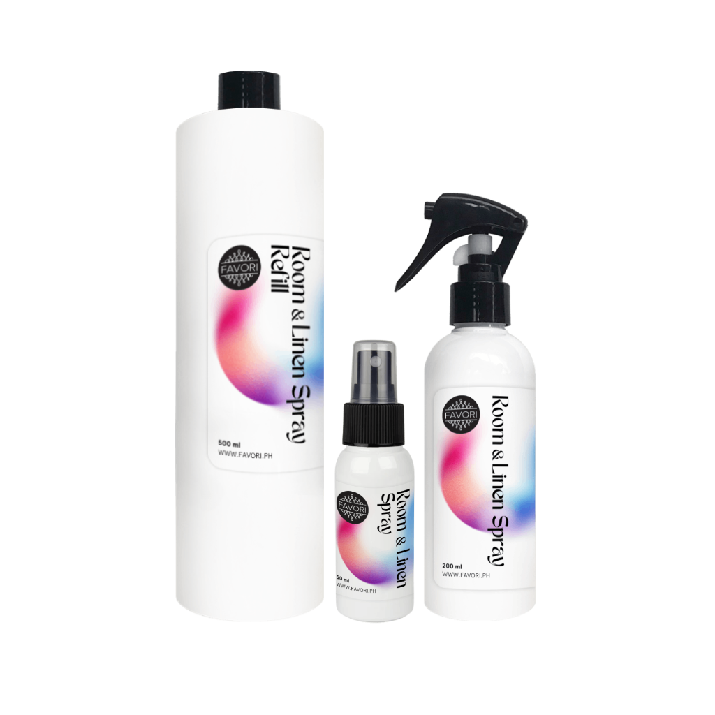 FAVORI Scents Trio Room & Linen Air Spray (AS): three white bottles, ideal odor eliminator for rooms and linens.