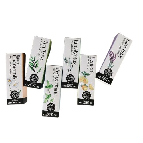 Six FAVORI Scents Pure Essential Oil Singles, including Eucalyptus, Chamomile, and Lavender.