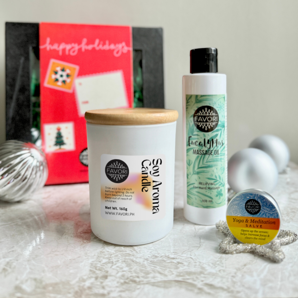 FAVORI Scents gift set: Soy Candle, Massage Oil, Wellness Salve in a festive box—perfect holiday present.