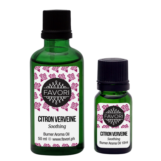 Two green glass bottles of "FAVORI Scents" oil-based aroma oil labeled "Citron Verveine Burner (BR) Aroma Oil - Soothing". The larger bottle is 50ml, and the smaller bottle is 10ml. Both have pink and white floral designs on the label, exuding a refreshing citrus aroma. The website "www.favori.ph" is printed on the larger bottle's label.