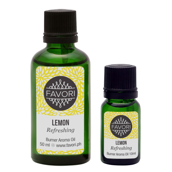 Two bottles of FAVORI Scents Lemon Burner Aroma Oil in varying sizes.