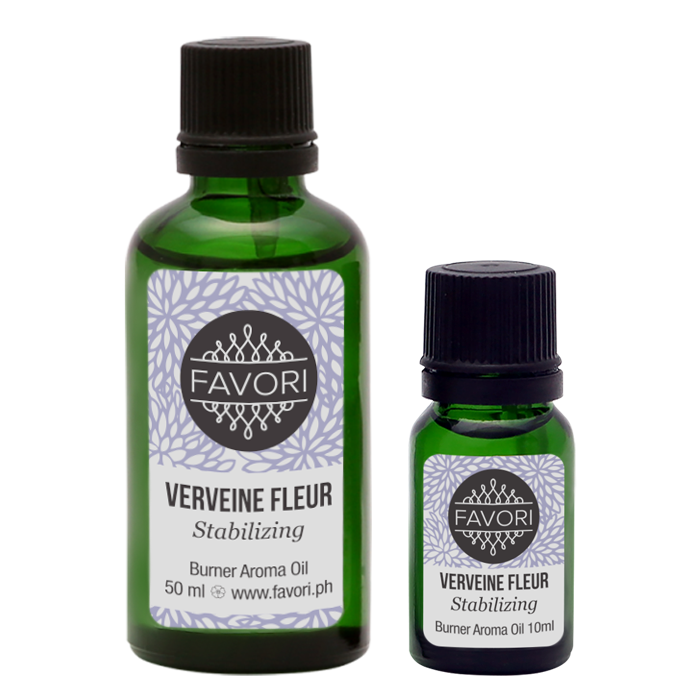 Two bottles of FAVORI Scents Verveine Fleur Burner aroma oils in different sizes with labels indicating one is 50 ml and the other is 10 ml.