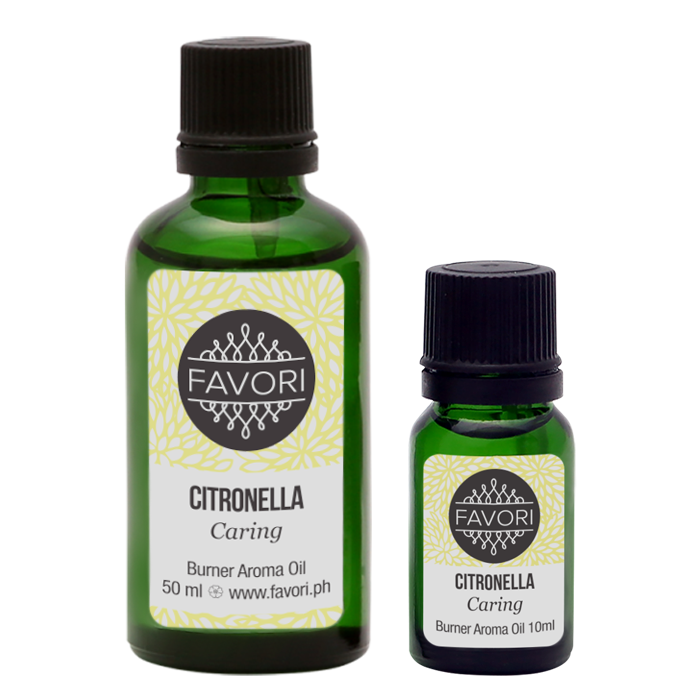 Two bottles of FAVORI Scents Citronella Burner Aroma Oil in different sizes.