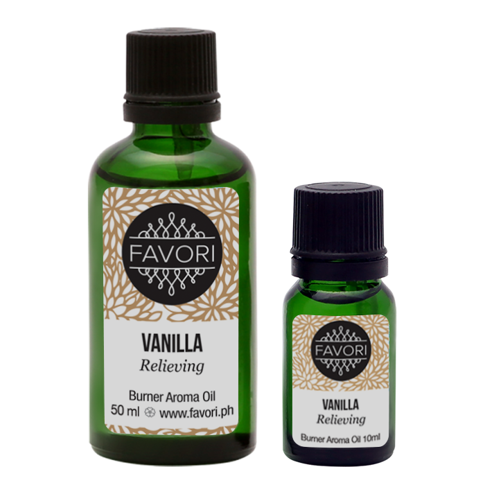 Two bottles of FAVORI Scents Vanilla Burner Aroma Oil in different sizes.