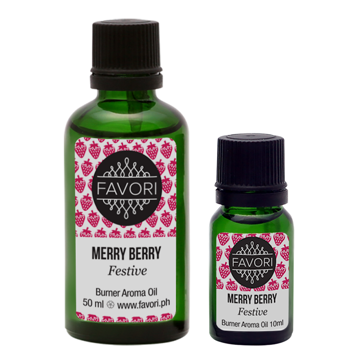 Two bottles of FAVORI Scents Merry Berry Burner Aroma Oil in different sizes.