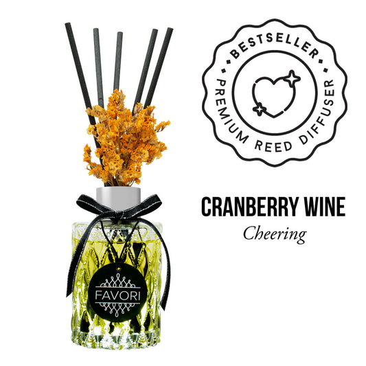 Aromatic Cranberry Wine Premium Reed Diffuser by FAVORI Scents, adorned with a bestseller badge and filled with premium oil.