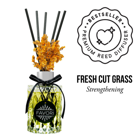 Reed diffuser with Fresh Cut Grass Premium Reed Diffuser and FAVORI oil, labeled as a bestseller.