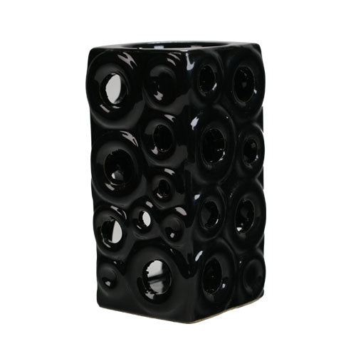 FAVORI Scents Ceramic Tealight Burner: glossy black with circular holes—ideal for candles or aroma oils.