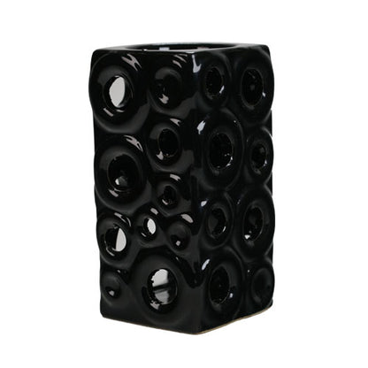 FAVORI Scents Ceramic Tealight Burner: glossy black with circular holes—ideal for candles or aroma oils.