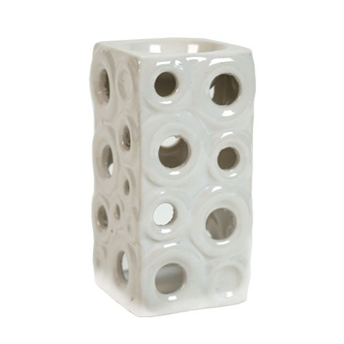 FAVORI Scents Ceramic Tealight Burners: glossy white with cut-out holes, ideal for candles or aroma oils.