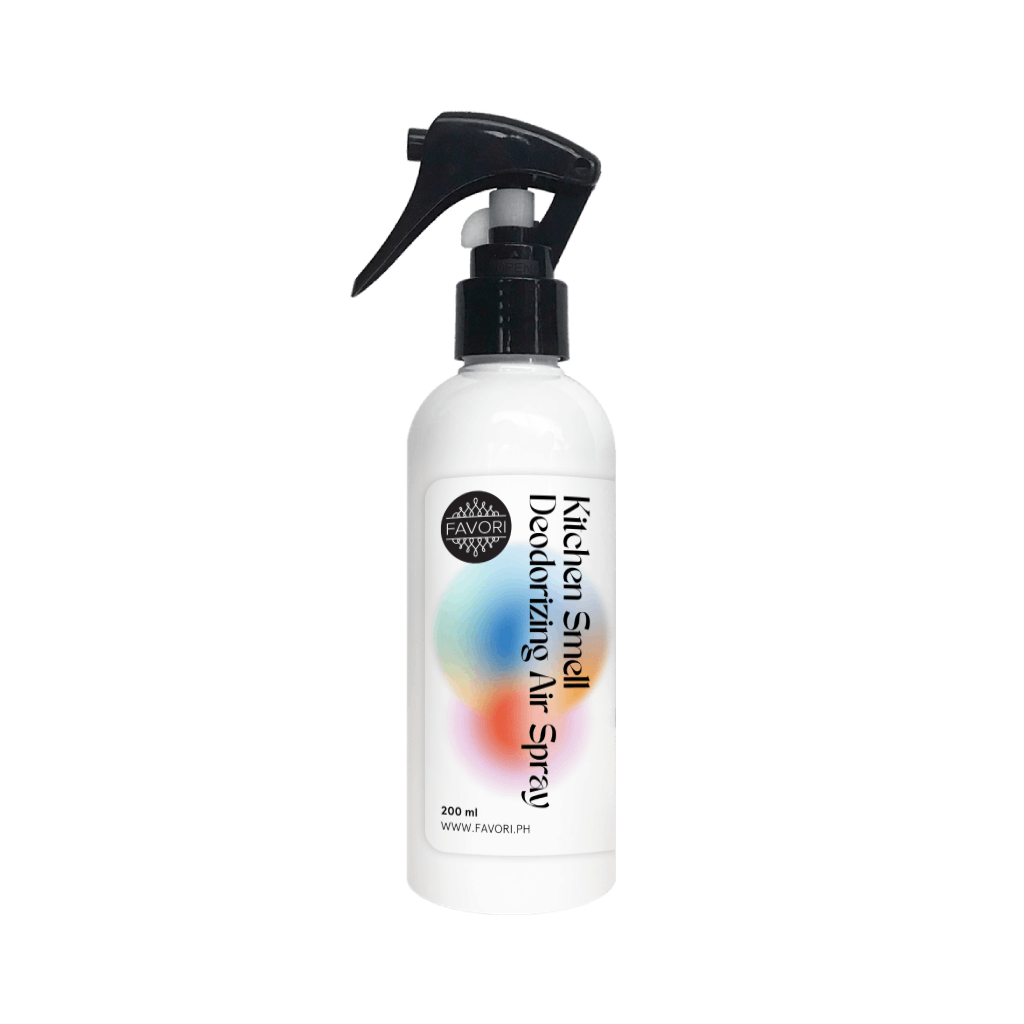 White bottle of FAVORI Scents Kitchen Smell Deodorizing Air Spray (AS) with black trigger and colorful label.