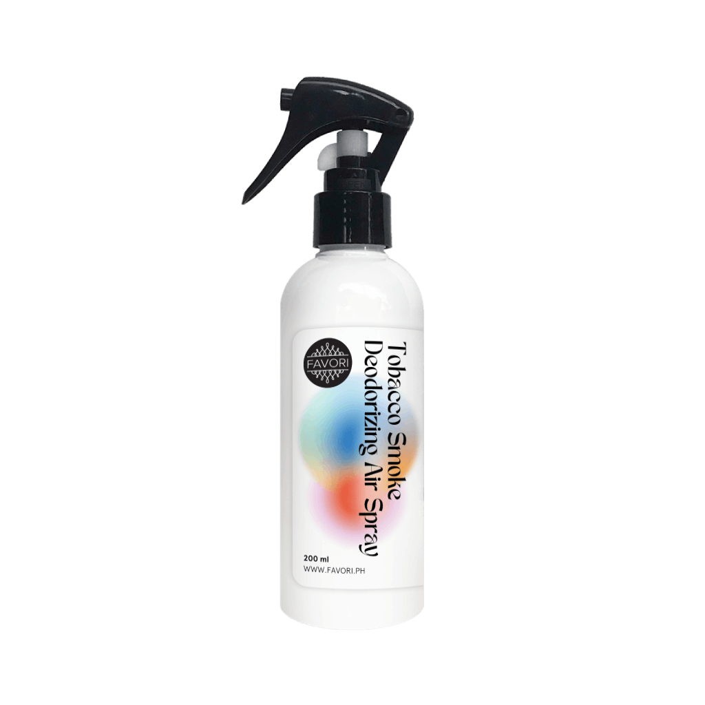 White FAVORI Scents Tobacco Smoke Deodorizing Air Spray (AS) with black nozzle, shown on plain background.