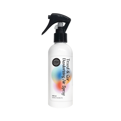 White 200ml spray bottle labeled “Travel & Car Deodorizing Air Spray” by FAVORI Scents with black nozzle.