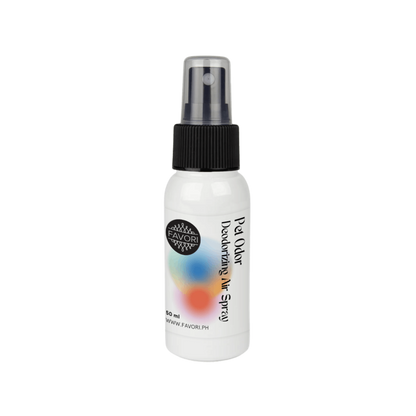 White spray bottle of FAVORI Scents Pet Odor Deodorizing Air Spray (AS) with black spray cap.
