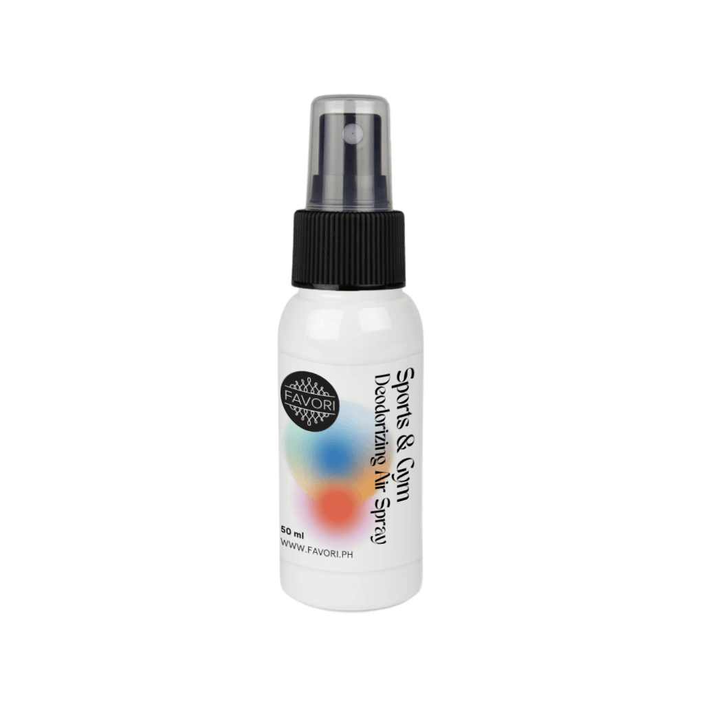 Small white FAVORI Scents Sports & Gym Deodorizing Air Spray (AS) with anti-microbial formula and dotted label.