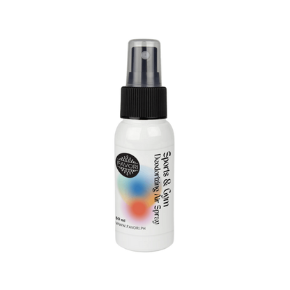 Small white FAVORI Scents Sports & Gym Deodorizing Air Spray (AS) with anti-microbial formula and dotted label.