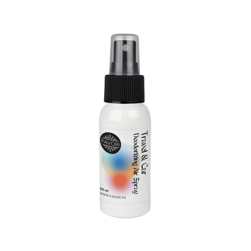 A 200ml FAVORI Scents Travel & Car Deodorizing Air Spray with black cap on a white background.