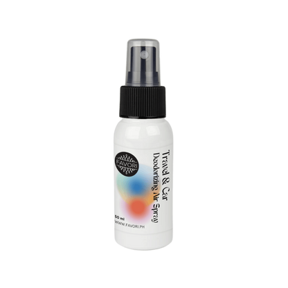 A 200ml FAVORI Scents Travel & Car Deodorizing Air Spray with black cap on a white background.