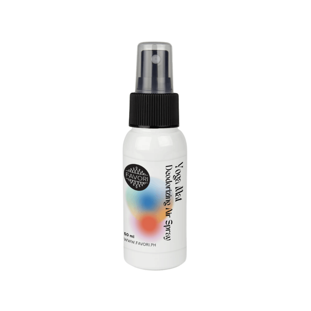 A white bottle of FAVORI Scents Yoga Mat Deodorizing Air Spray (AS) with a black cap and colorful label.