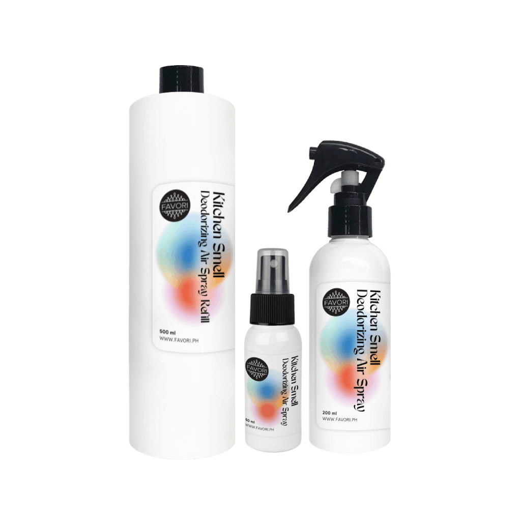 Three white bottles of FAVORI Scents Kitchen Smell Deodorizing Air Spray in assorted sizes, colorful labels.