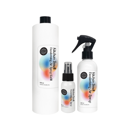Three white bottles of FAVORI Scents Kitchen Smell Deodorizing Air Spray in assorted sizes, colorful labels.
