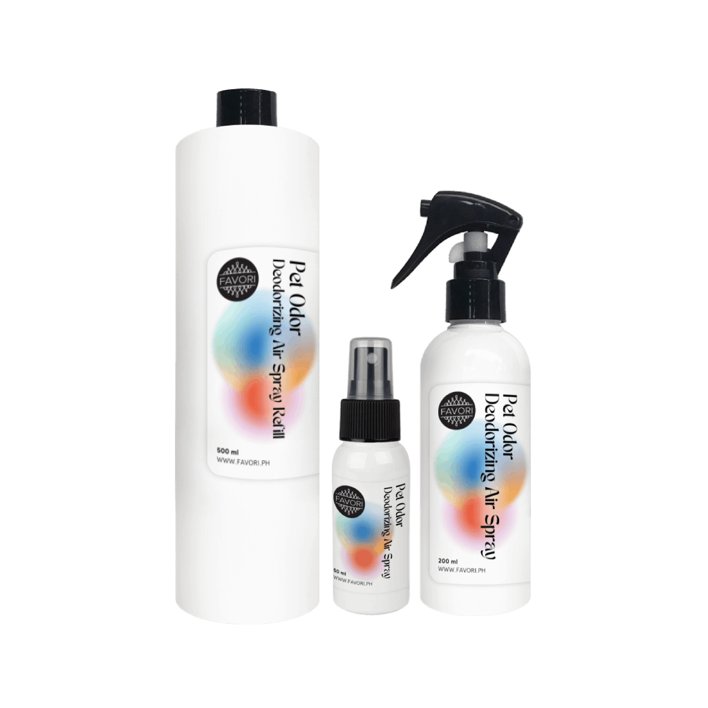 Three FAVORI Scents Pet Odor Deodorizing Air Spray bottles in varying sizes on a white background.