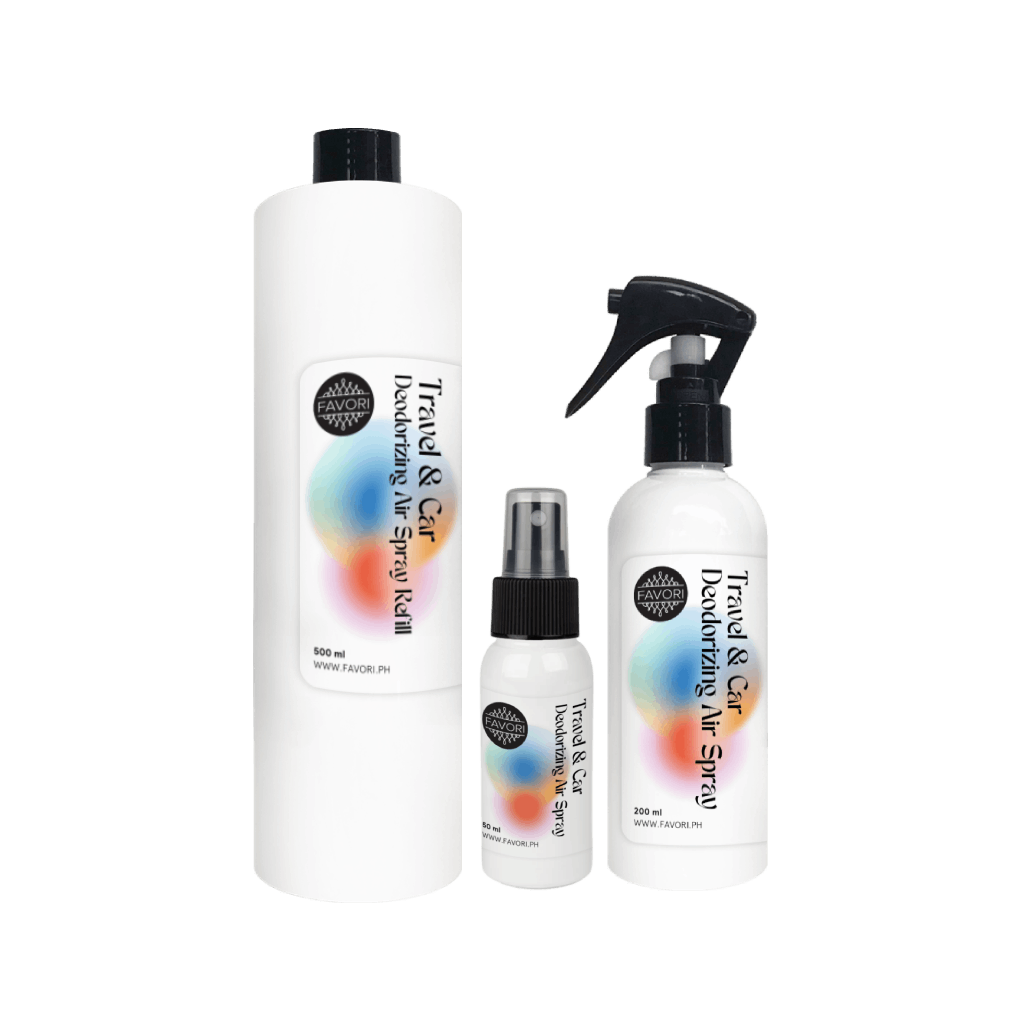 Three FAVORI Scents Travel & Car Deodorizing Air Spray 200ml bottles, each with colorful labels.