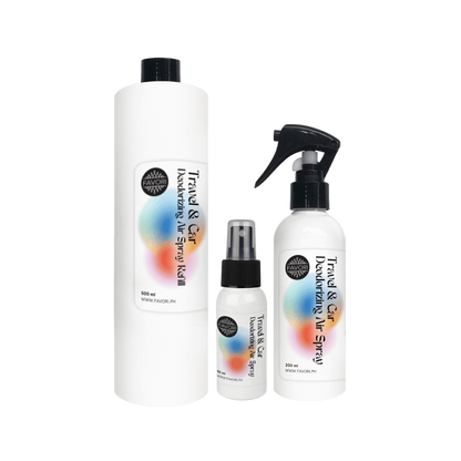 Three FAVORI Scents Travel & Car Deodorizing Air Spray 200ml bottles, each with colorful labels.