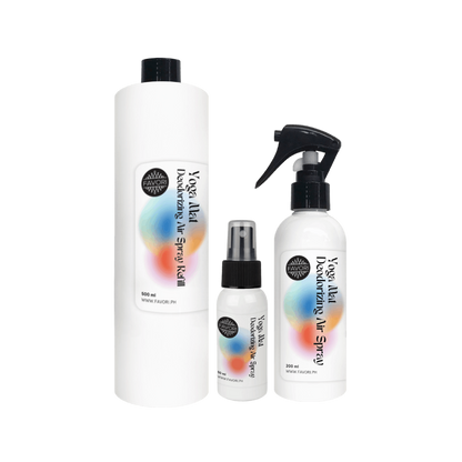 Three white FAVORI Scents Yoga Mat Deodorizing Air Spray bottles with colorful labels for odor-fresh mats.