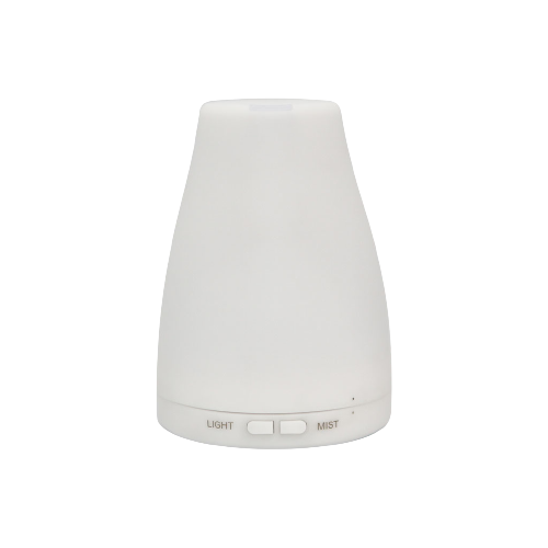 The FAVORI Scents Aroma Diffusers & Humidifiers is a white, cone-shaped device with light and mist buttons.