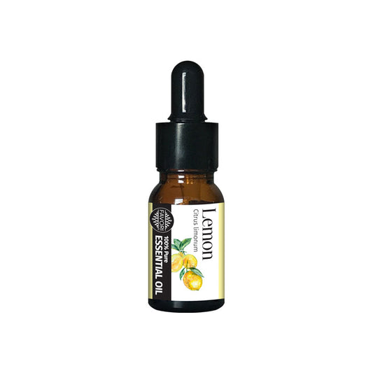 Amber glass bottle of FAVORI Scents Lemon 100% Pure Essential Oil with dropper.