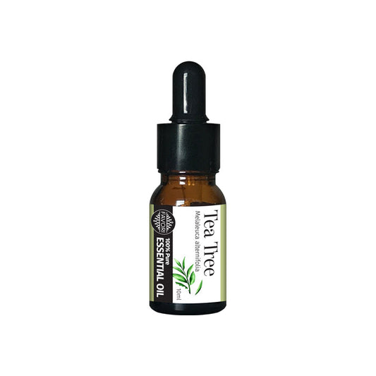 Bottle of FAVORI Scents Tea Tree 100% Pure Essential Oil with dropper on white background.