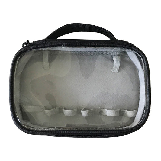 Empty black Essential Oil Carrying Case from FAVORI Scents with transparent window and elastic bands inside.
