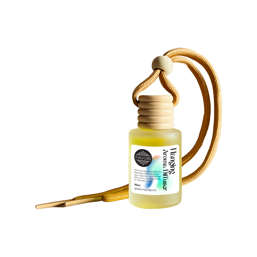 FAVORI Scents Hanging Aroma Diffuser (HAD) with wooden cap and yellow cord, on white background.