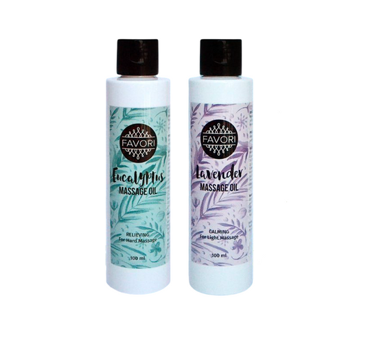 Two 100ml bottles of FAVORI Scents Massage Oil (MO): Eucalyptus & Lavender, for sore muscle relief.