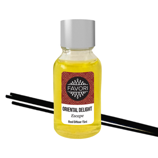 A small bottle labeled "Oriental Delight Mini Reed Diffuser (MRD) with two black fiber reed sticks, isolated on a white background.