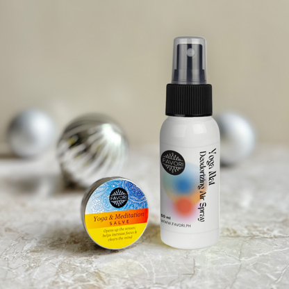 The FAVORI Scents Petit Gift Package with Yoga & Meditation Salve and Disinfectant Spray on marble.